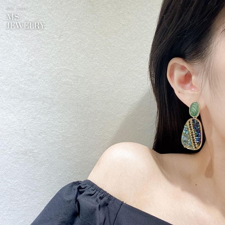 Khuyên Tai Bạc S925 Ms Jewelry Handmade Thủ Công Phong Cách Thời Trang Hiện Đại Style Hàn Quốc Màu Xanh 