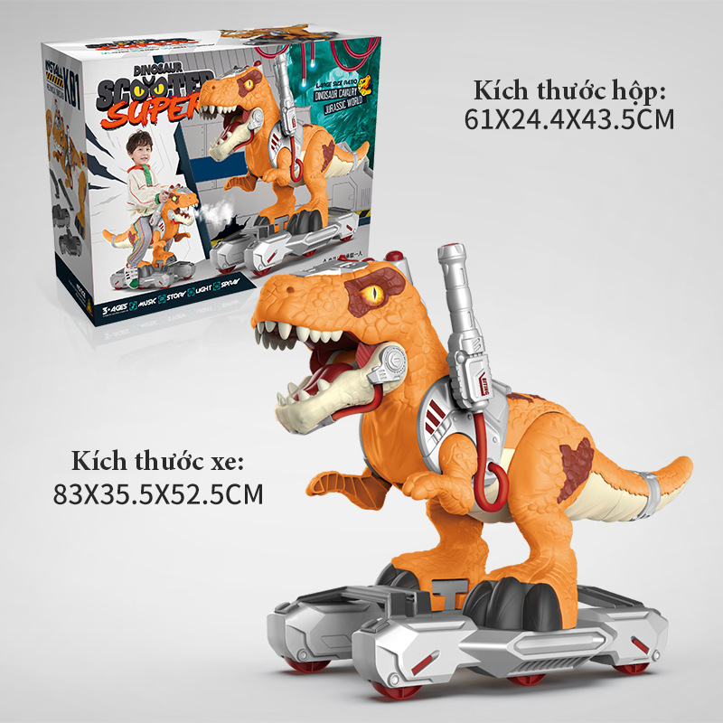 Xe Khủng Long Chòi Chân Cho Bé Tyrannosaurus Rex Phun Khói, Xe Trượt Scooter Có Bánh Cỡ Lớn Có Hiệu Ứng Đèn Và Nhạc