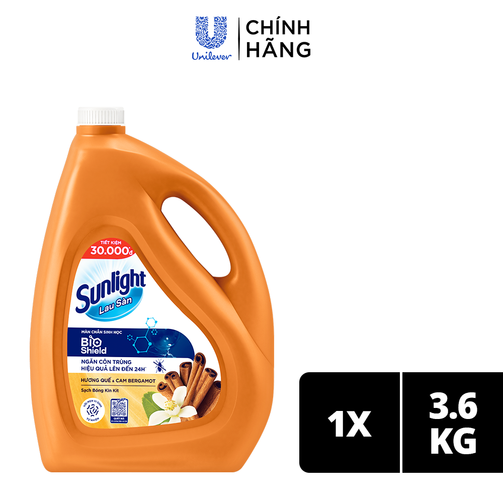 Nước Lau Sàn Sunlight BIOSHIELD Ngăn Côn Trùng Hiệu Quả Hương Quế & Cam Bergamot Chai 3.6KG