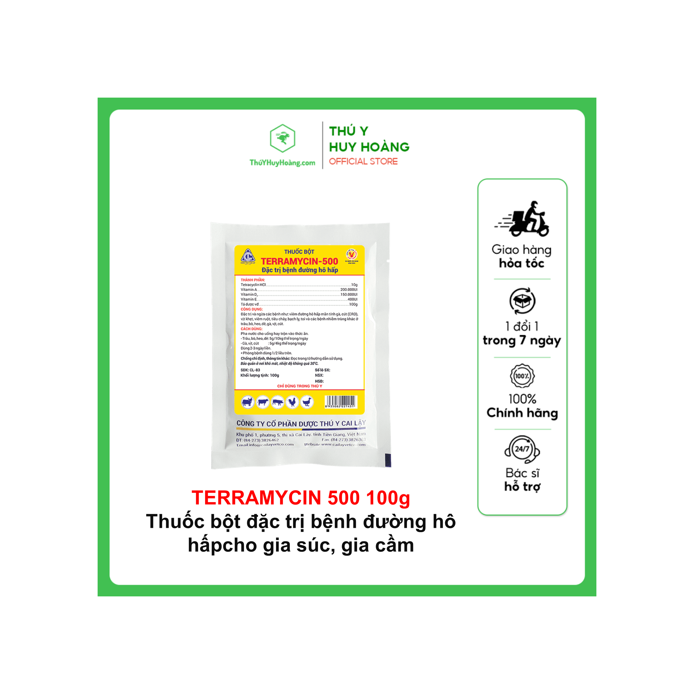 Thuốc bột TERAMYCIN-500 100g đ.ặc t.rị bệnh đường hô hấp