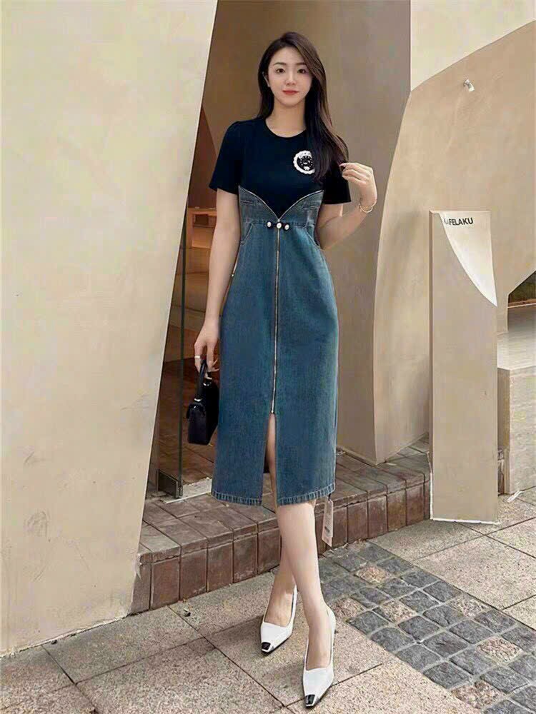 ĐẦM BODY JEAN PHỐI THUN KHÓA EO