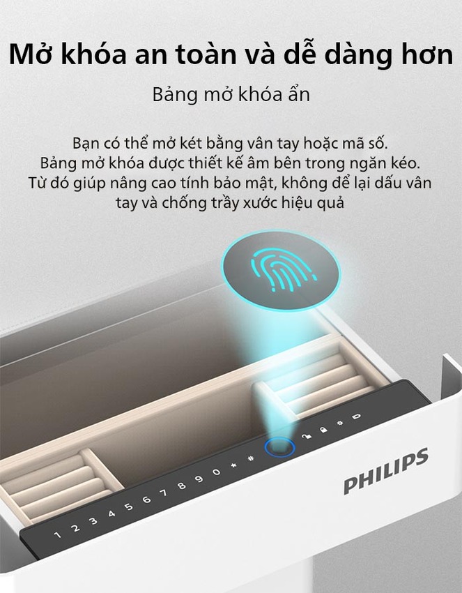 Két sắt điện tử thông minh vân tay, mã số ảo, sạc điện thoại thương hiệu Philips SBX301-5PC - Hàng nhập khẩu