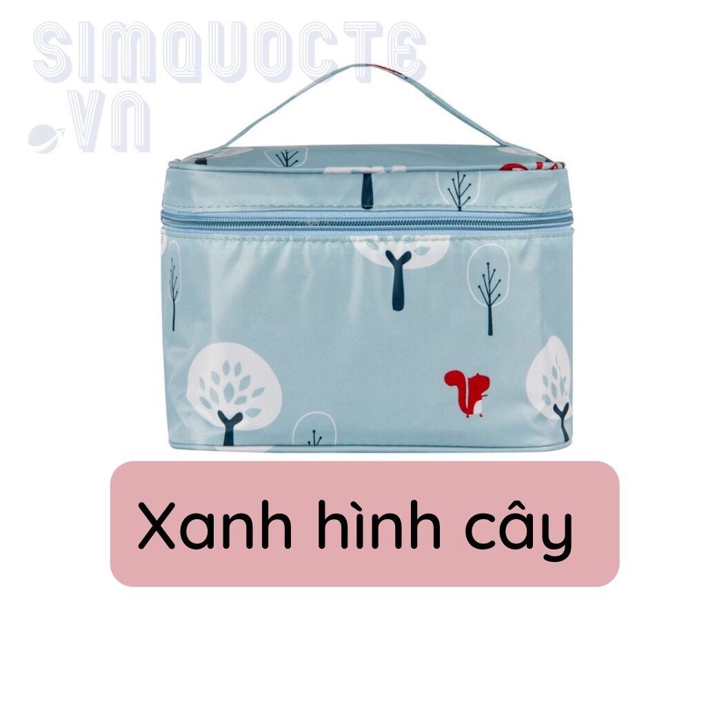 Túi đựng mỹ phẩm đồ trang điểm xách tay hình hộp họa tiết bắt mắt - TMP4 Xanh Hình Cây