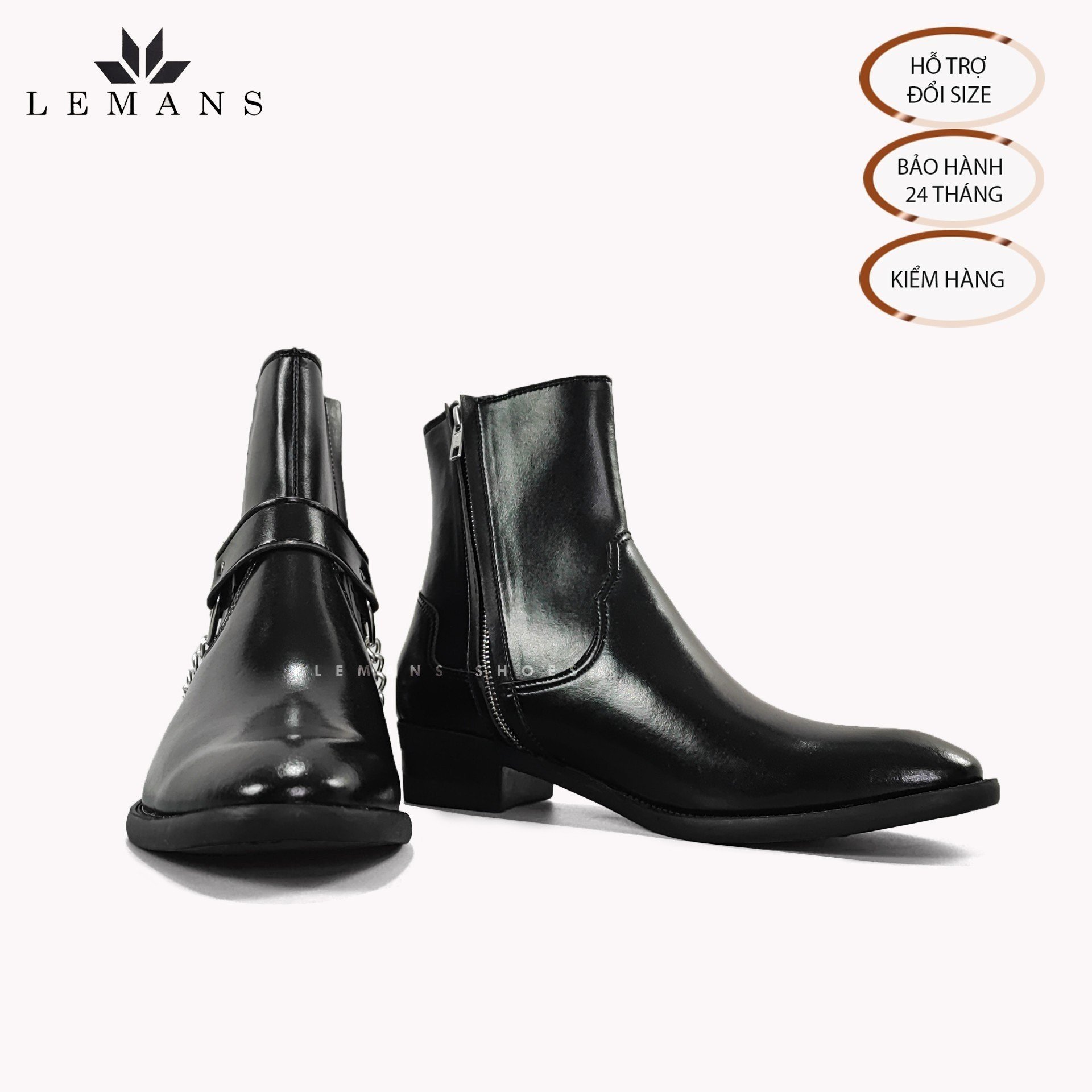 Giày da bò Zip Boots Black LeMans ZB01B, phối đai xích tạo thành 3 đôi Harness, bảo hành 24 tháng