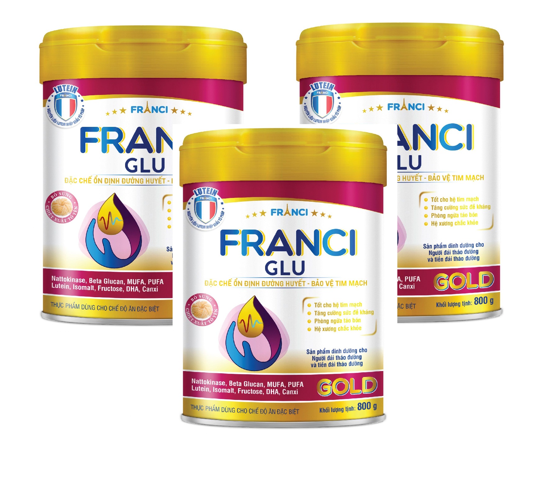 Combo 3 lon Sữa bột FRANCI GLU GOLD lon 800g – Ổn định đường huyết – Bảo vệ tim mạch