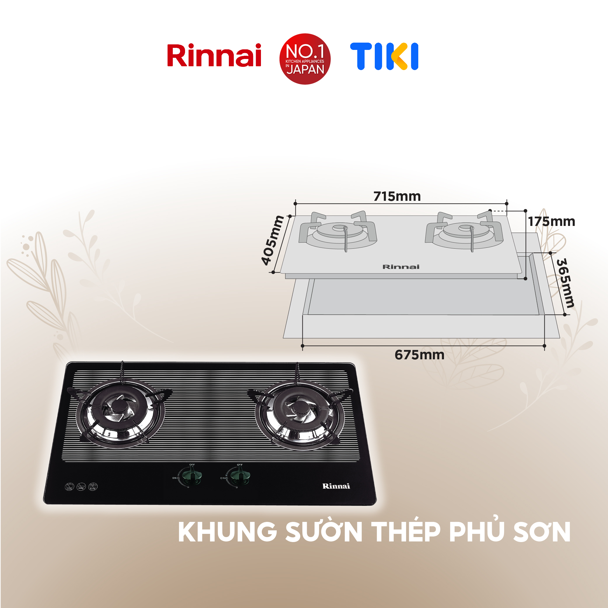 Bếp gas âm Rinnai RVB-2BG(L)N mặt bếp kính và kiềng bếp men - Hàng chính hãng.