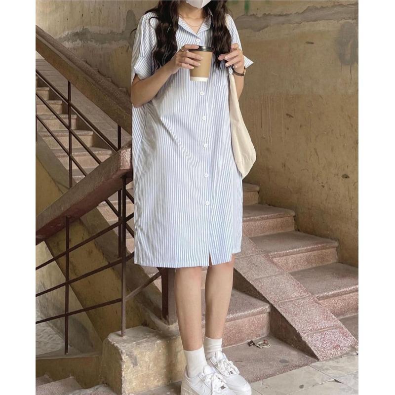MS804 Váy đầm sơ mi kẻ sọc dáng suông cộc tay