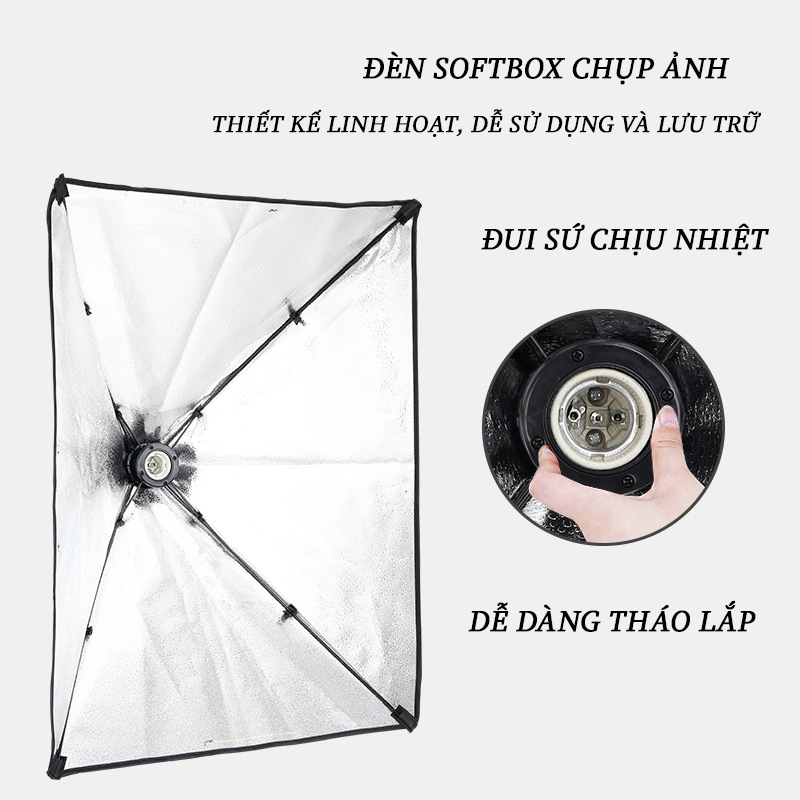 Bộ chân đèn đứng Chụp Ảnh Sản Phẩm, Studio, quay phim, Livestream chuyên nghiệp, chân đèn cao 2m kèm Softbox 50x70cm, đầy đủ dây cắm và công tắc đèn ( không kèm bóng)