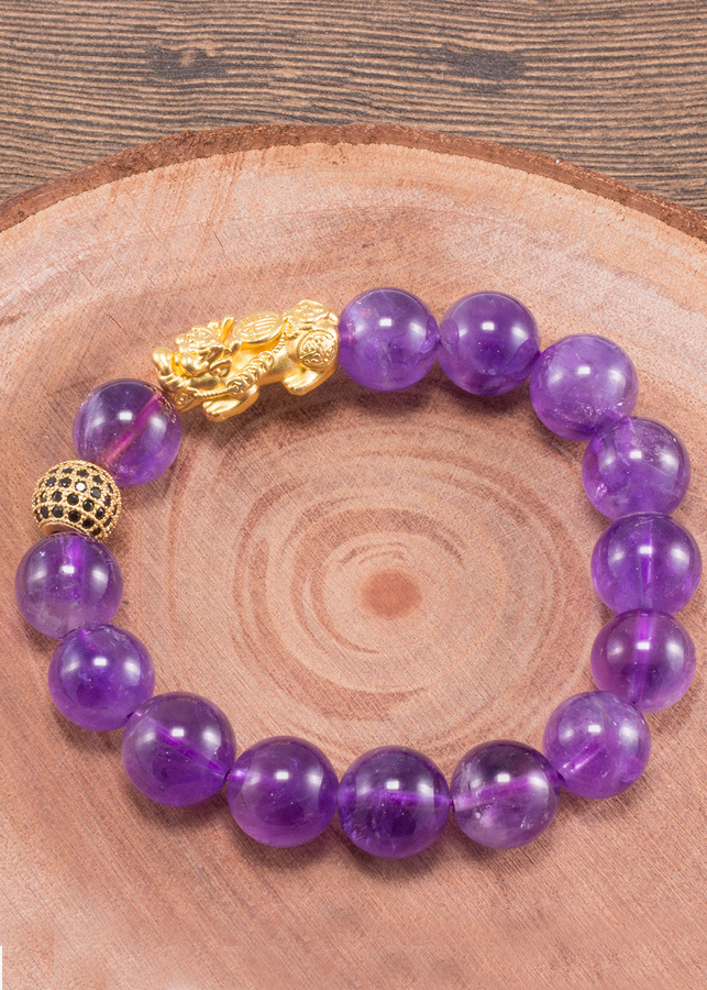 Vòng Tay Nam Đá Thạch Anh Tím Phối Tỳ Hưu Bạc Mạ Vàng 24K Ngọc Quý Gemstones