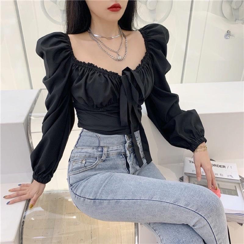 Áo sơmi thắt nơ ngực croptop bèo nhún sexy 2021