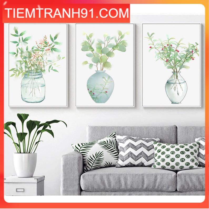 Tranh treo tường | Tranh cây lá nhiệt đới, bộ 3 tranh cây màu nước theo trường phái tối giản, tranh trang trí Bắc Âu