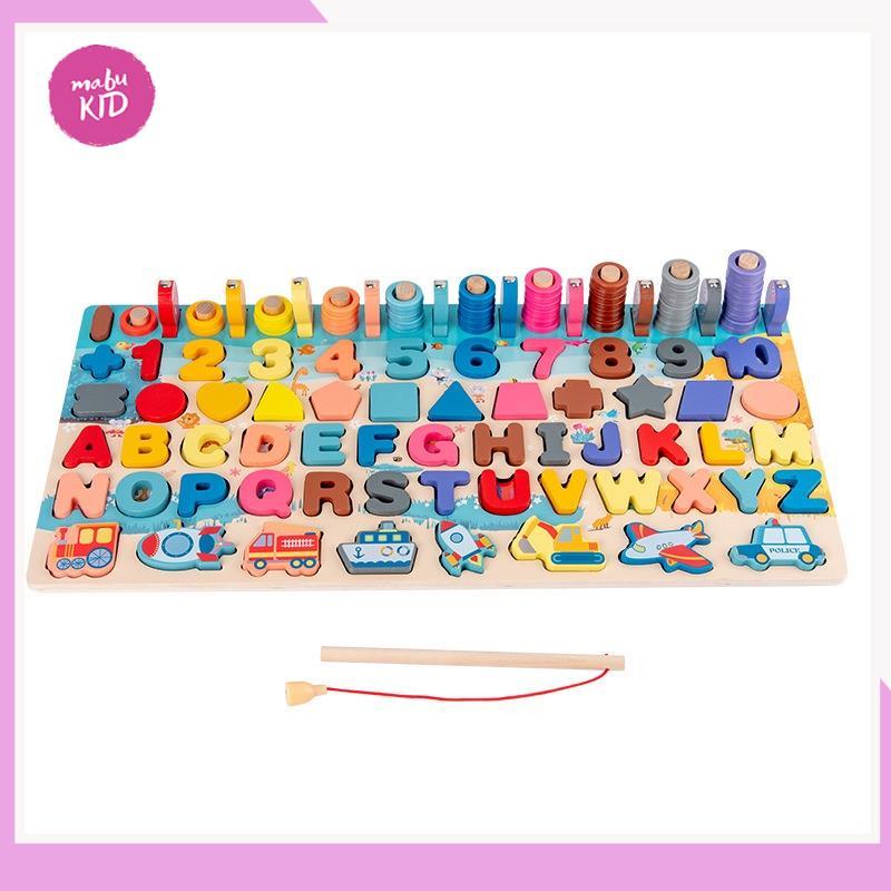 Bảng gỗ 6 in 1 - Bảng Chữ Cái Cho Bé, Số, Hình Học, Câu Cá, Phương Tiện Giao Thông Đa Năng