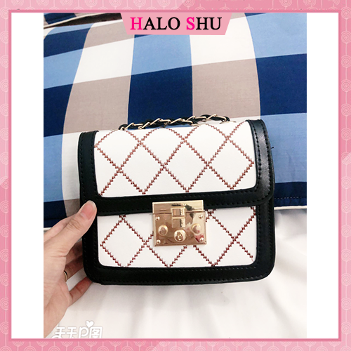 Túi xách nữ, túi đeo chéo dây phối xích, họa tiết thêu trám cao cấp HALO SHU mã DC003