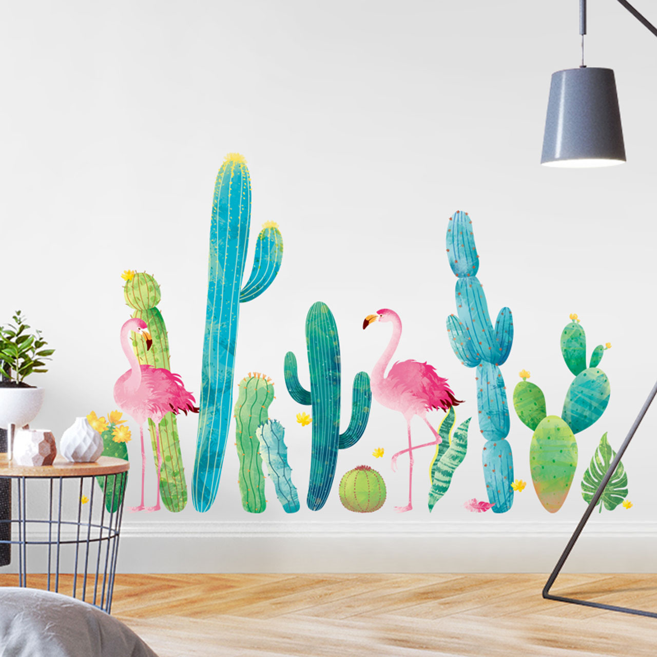Decal dán tường trang trí quán cafe- Hạc hồng và xương rồng-