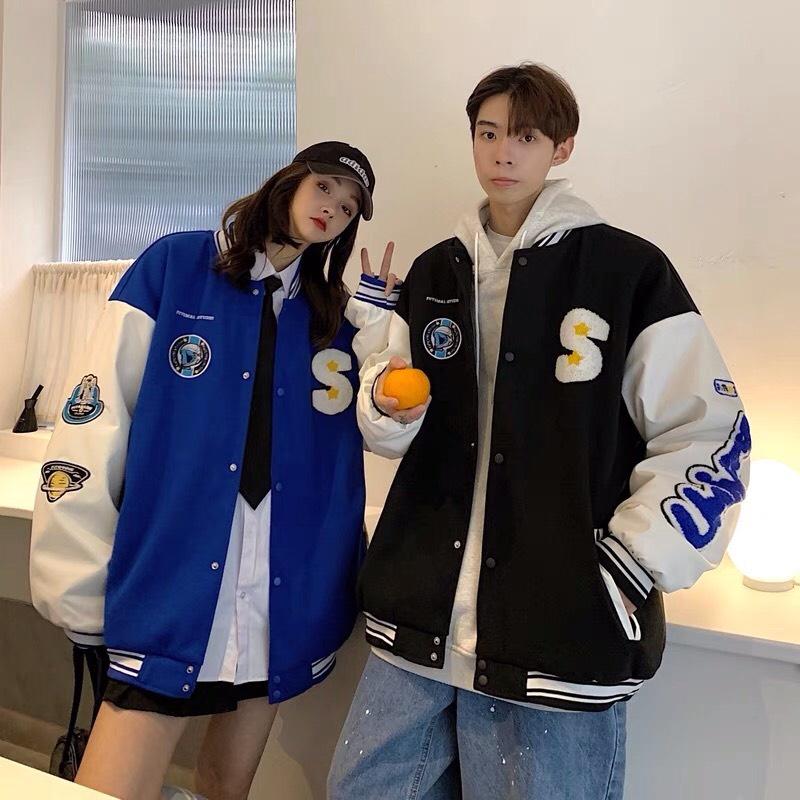 Hình ảnh Áo Khoác Bomber Jacket Dù 2 Lớp LOGO S Varsity Form Rộng Nam Nữ Unisex Couple Phong Cách Hàn Quốc Ulzzang