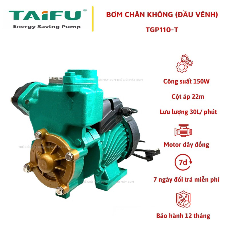 Máy bơm nước chân không tự mồi 150W ( 0.2HP) cánh đồng TAIFU TGP110-T - Bảo hành 1 năm ( Cam kết hàng chính hãng )