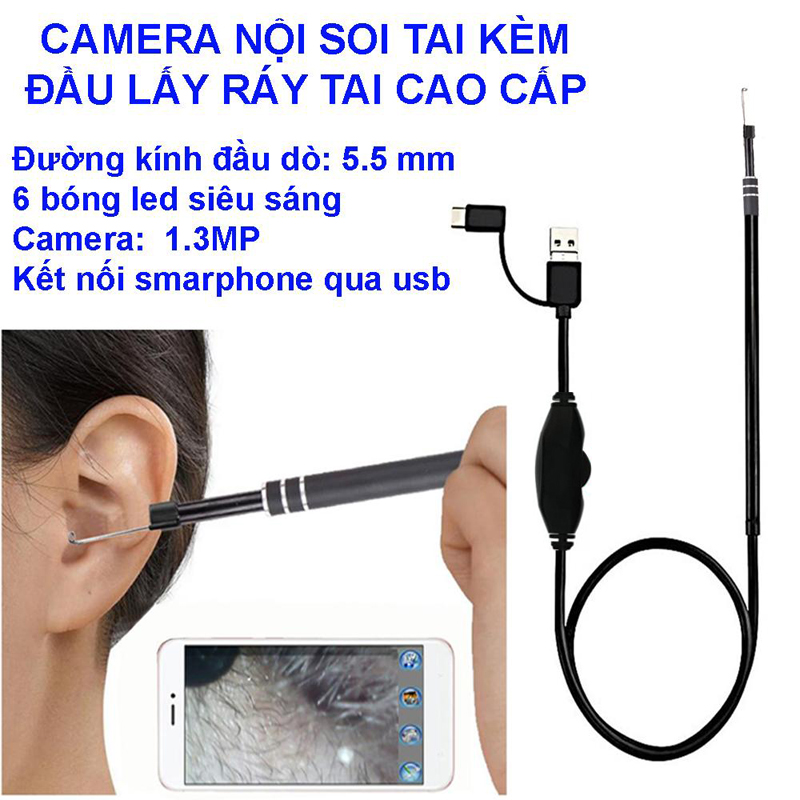 Bộ Lấy Ráy Tai Có Đèn, Camera Mini, Camera Nội Soi Tai, Mũi, Họng Siêu Nét Đi Kèm Bộ Đầu Lấy Ráy Tai, Soi Tai Mũi Họng Chuyên Nghiệp