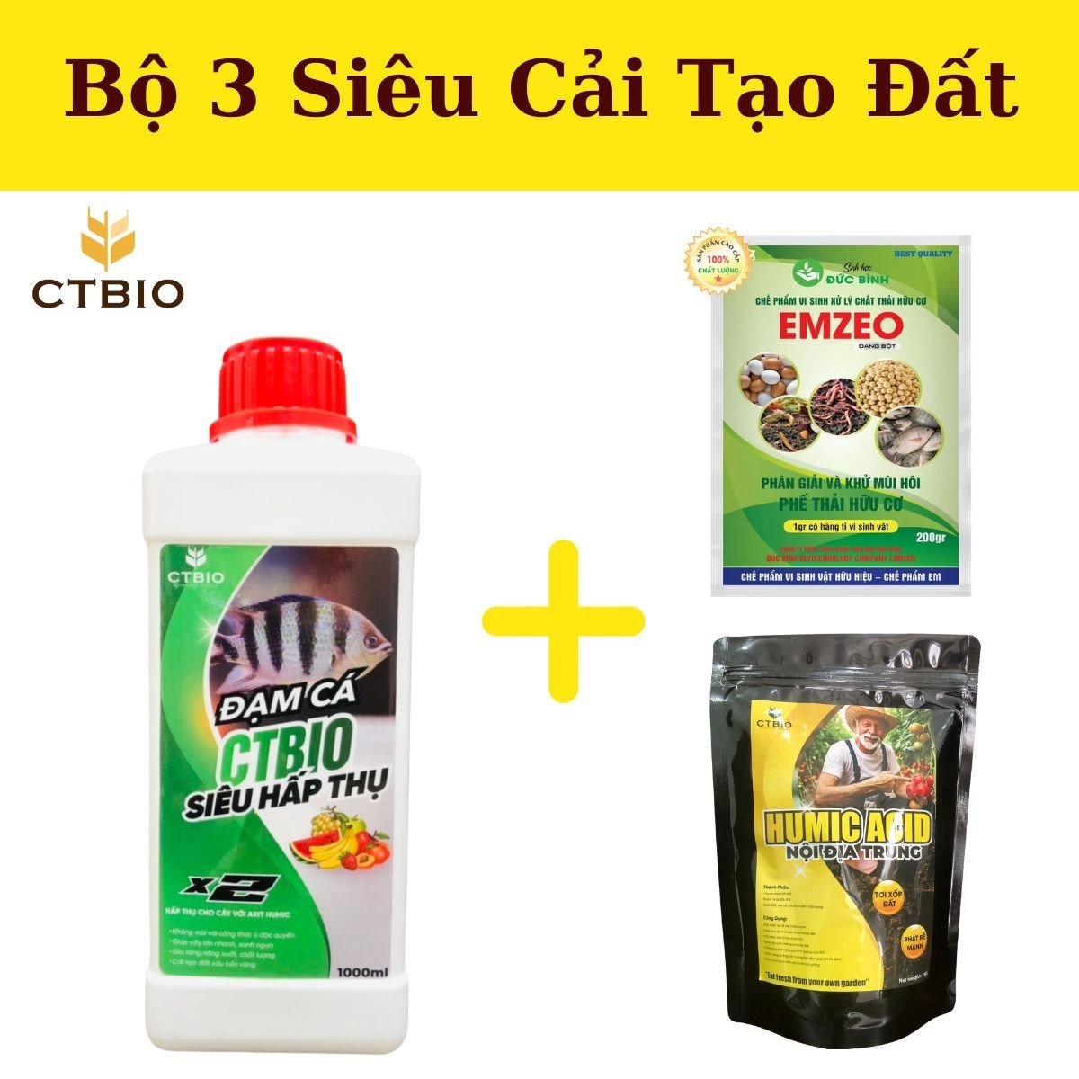 Siêu cải tạo đất với bộ 3 - Emzeo Đa chủng vi sinh vật (1 gói) + Đạm cá hữu cơ CTBIO (1 lít) +Axit Humic(0.5kg) - giúp cải tạo cho diện tích 25m2