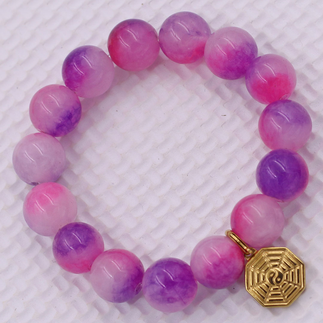 Vòng chuỗi đeo tay đá thạch anh hồng tím charm bát quái inox vàng, vòng tay hạt chuỗi, vòng chuỗi phong thủy, vòng tay nam nữ