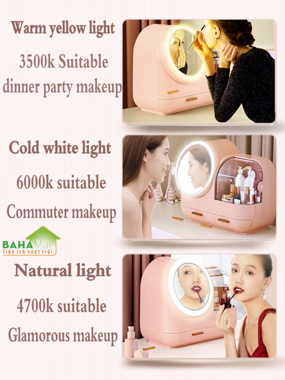 HỘP ĐỰNG MỸ PHẨM CÓ GƯƠNG TRANG ĐIỂM ĐÈN LED QUẠT BAHAMAR có quạt thổi khô lớp trang điểm thiết kế tay cầm dễ dàng xách di chuyển hộp chống bụi v
