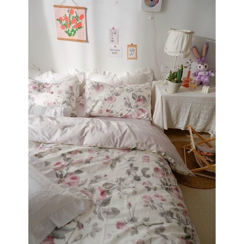 Bộ Chăn Ga Gối Cotton Living 100%cotton Hàng Nhập Khẩu Cao Cấp 4 Món Hoa Vintage Nhẹ Nhàng Cho các Nàng Thơ