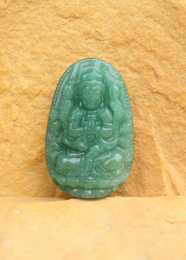 Mặt Dây chuyền Phật Thiên Thủ Thiên Nhãn,  cho  tuổi Tý, Đá Thạch Anh Xanh, Cỡ to KOM2