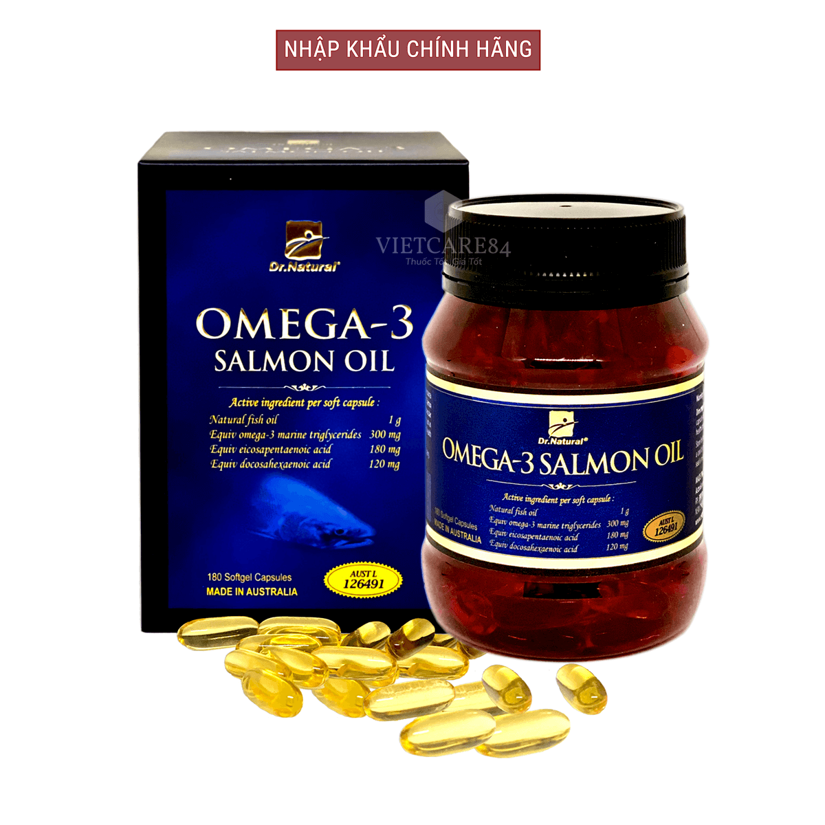 Bộ sản phẩm nhập khẩu chính hãng giúp bổ mắt, bổ não, bổ tim mạch gồm: Viên uống omega 3 dầu cá hồi OMEGA 3 SALMON OIL  và viên uống bổ tim GO CO Q10 160mg