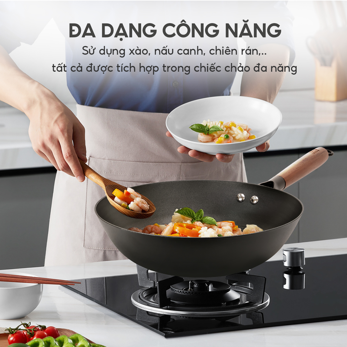 Chảo gang sâu lòng chống dính Lebenlang LBL2524, size 30cm, tay cầm gỗ dùng mọi loại bếp - hàng chính hãng