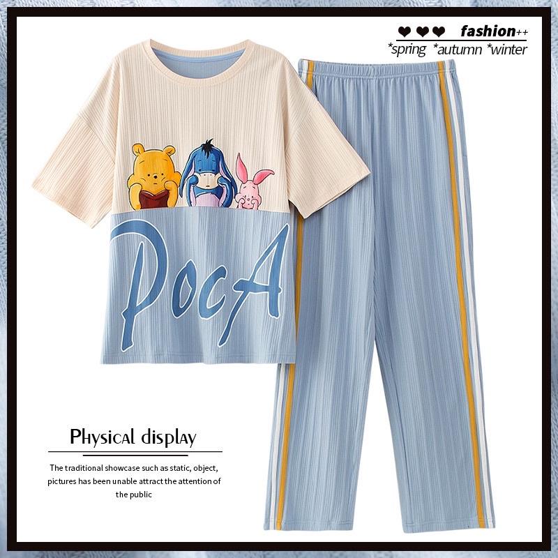 Bộ Mặc Nhà Pyjama Áo Cộc Quần Dài Cổ Tròn Chất Cotton Thấm Hút Co Dãn Mềm Mại