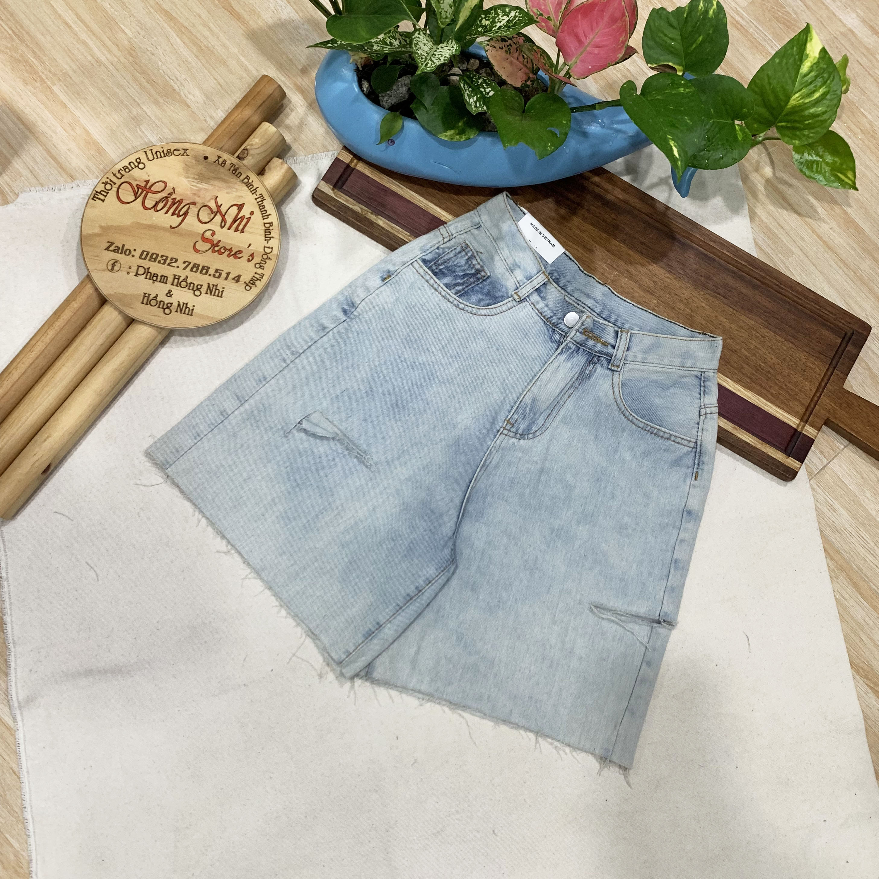 Quần Short Jean Ngố Đùi Rách Gối Cạp Cao Ống Rộng Ulzzang - MM