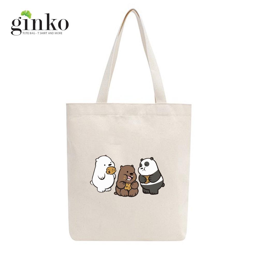 Túi tote vải mộc GINKO kiểu basic có dây kéo khóa miệng túi đựng vừa laptop 14 inch và nhiều đồ dùng khác in hình We Bare Bears