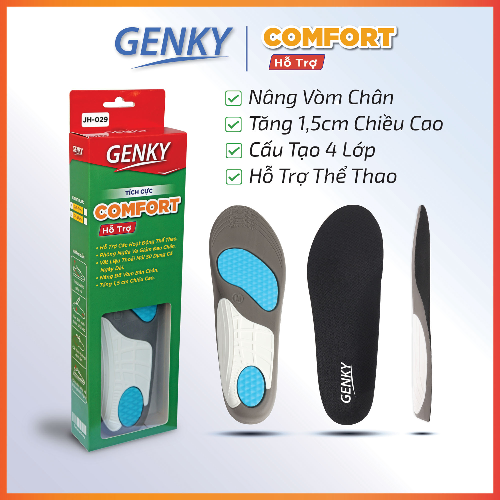 Lót giày thể thao nam nữ Genky Comfort 4 lớp, tăng 1,5cm chiều cao, chống sốc, thấm mồ hôi, khử mùi, nâng vòm bàn chân