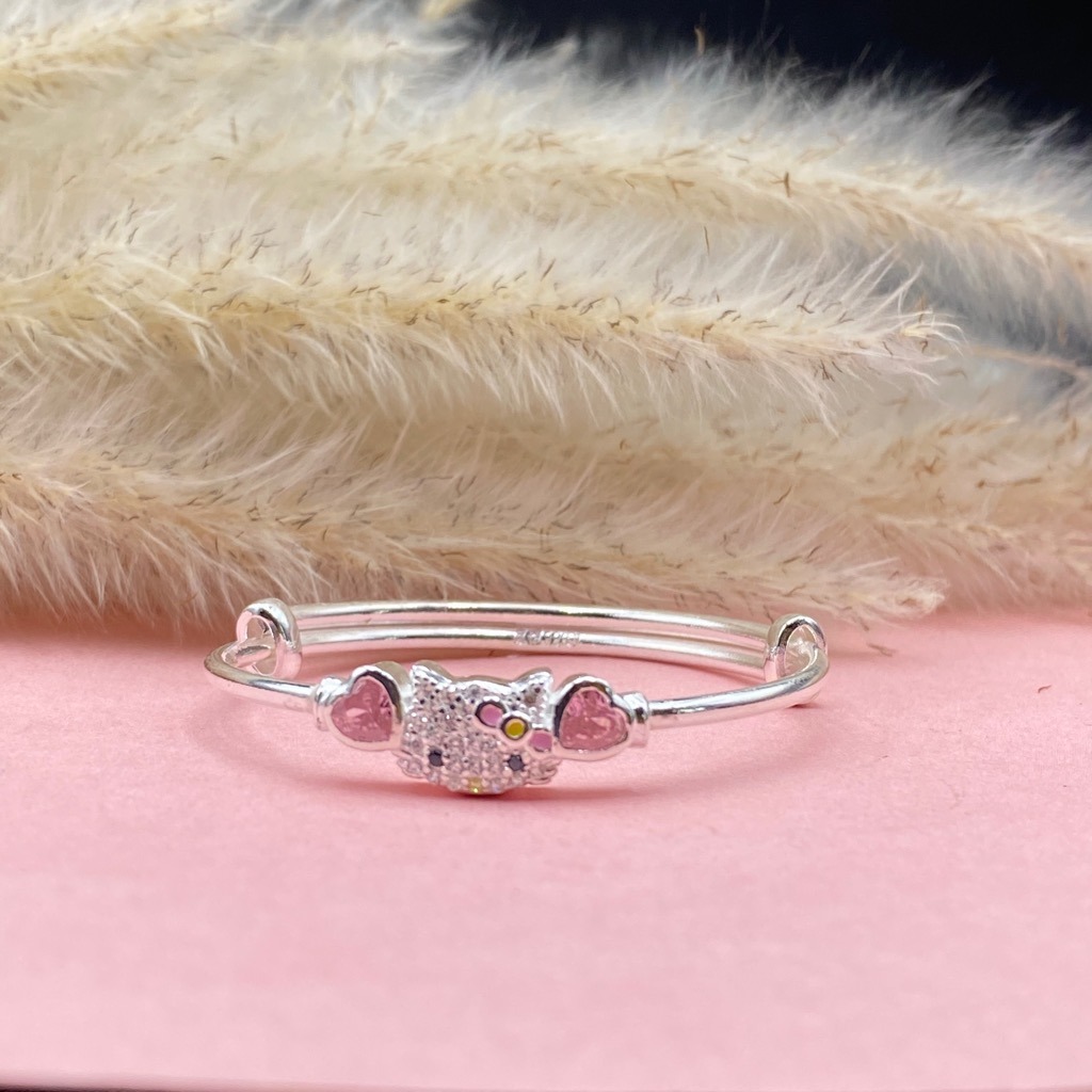 Lắc Tay, Vòng Tay Cho Bé Bạc Ta Nguyên Chất S99 Mèo Kitty Hồng Xinh Chính Hãng Bạc Hiểu Minh LTE555
