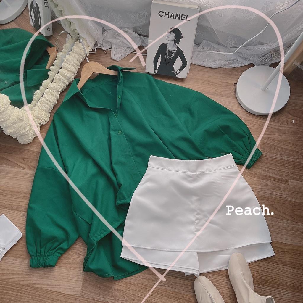 Set áo sơmi xanh tay bo tà lệch phối quần short trắng