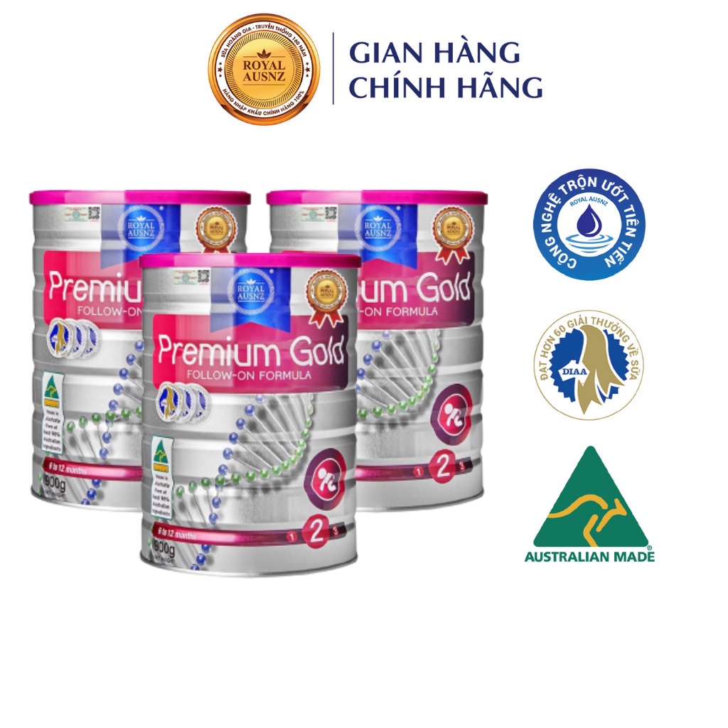 Combo 3 Hộp Sữa Bột Premium Gold Số 2 ROYAL AUSNZ Giúp Trẻ Hấp Thu Dinh Dưỡng, Tăng Cân Khỏe Mạnh 900g/hộp