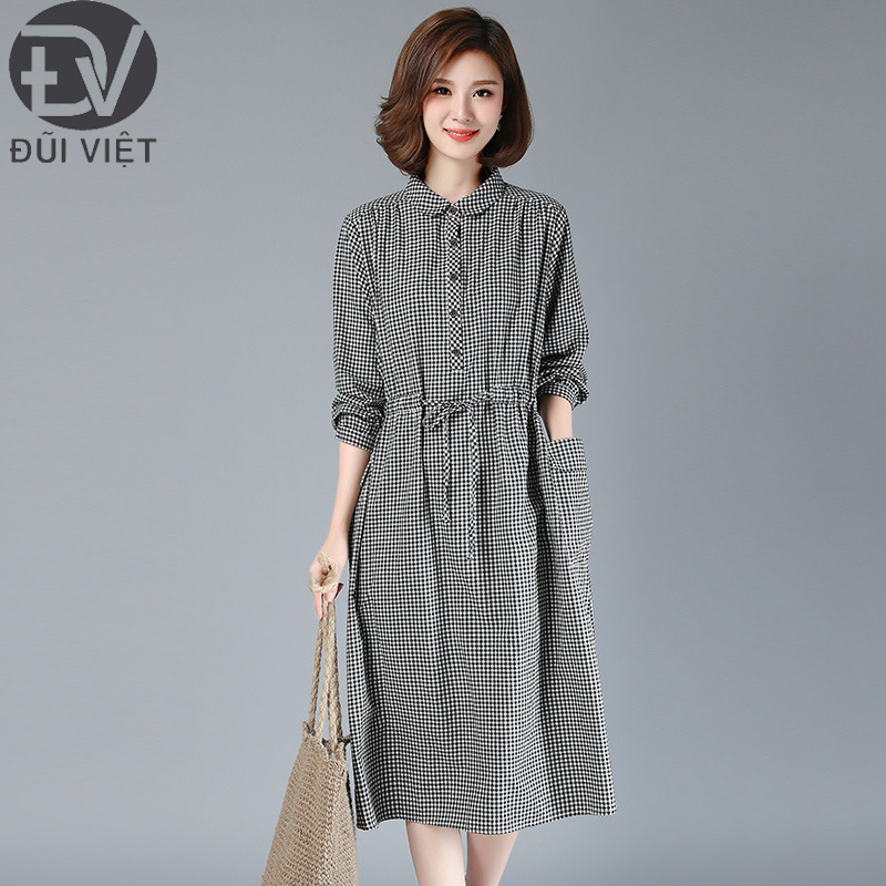 Đầm Sơ Mi Tay Dài Dáng Rộng Kẻ Sọc Caro Thời Trang, Váy Sơ Mi Thu Đông Nữ Công Sở Đũi Việt DV187