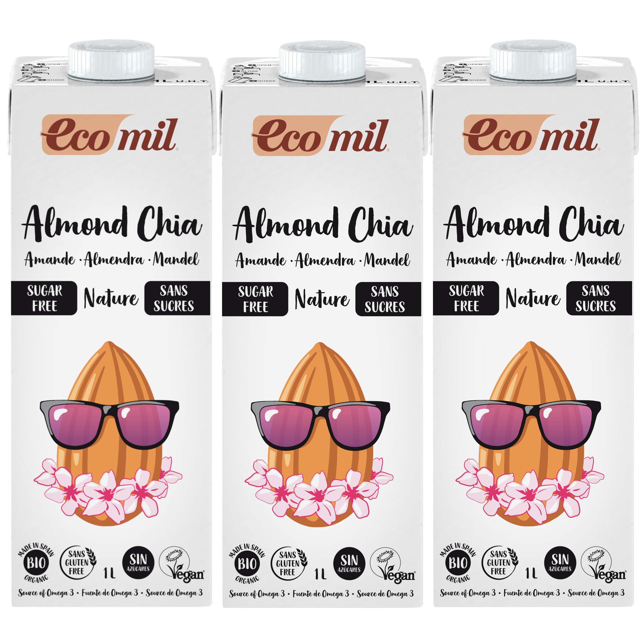 [Lốc 3 hộp] Sữa Hạt Hạnh Nhân Hạt Chia Không Đường Hữu Cơ Ecomil (1L) - Organic Almond - Chia Milk Sugar Free (1L)