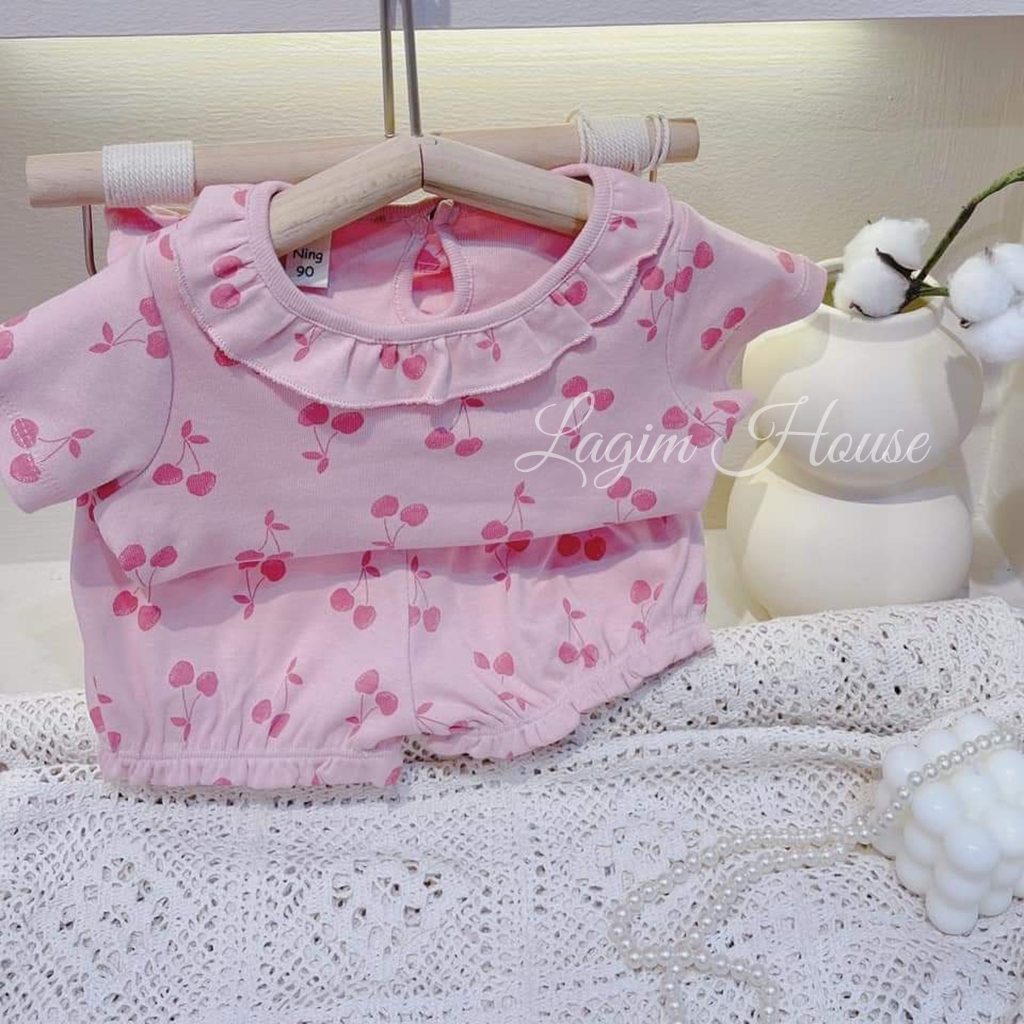 Đồ bộ bé gái mặc nhà chất thun cotton mềm mại, set bộ bé gái màu hồng hoạt tiết cherry dễ thương - Lagim House