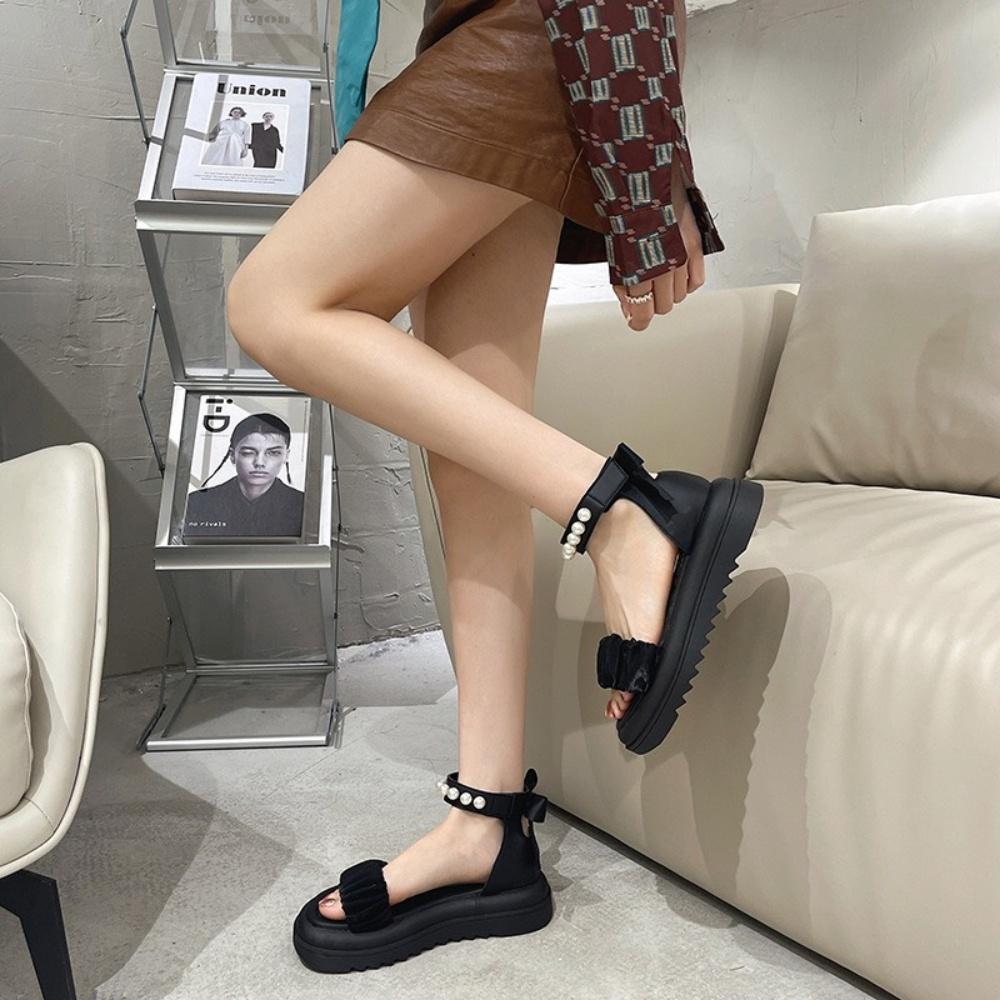 Sandal Nữ MWC 2936 - Sandal Đế Bánh Mì Hack Dáng, Giày Sandal Quai Ngang Nhún Tiểu Thư Phối Hạt Sang Chảnh