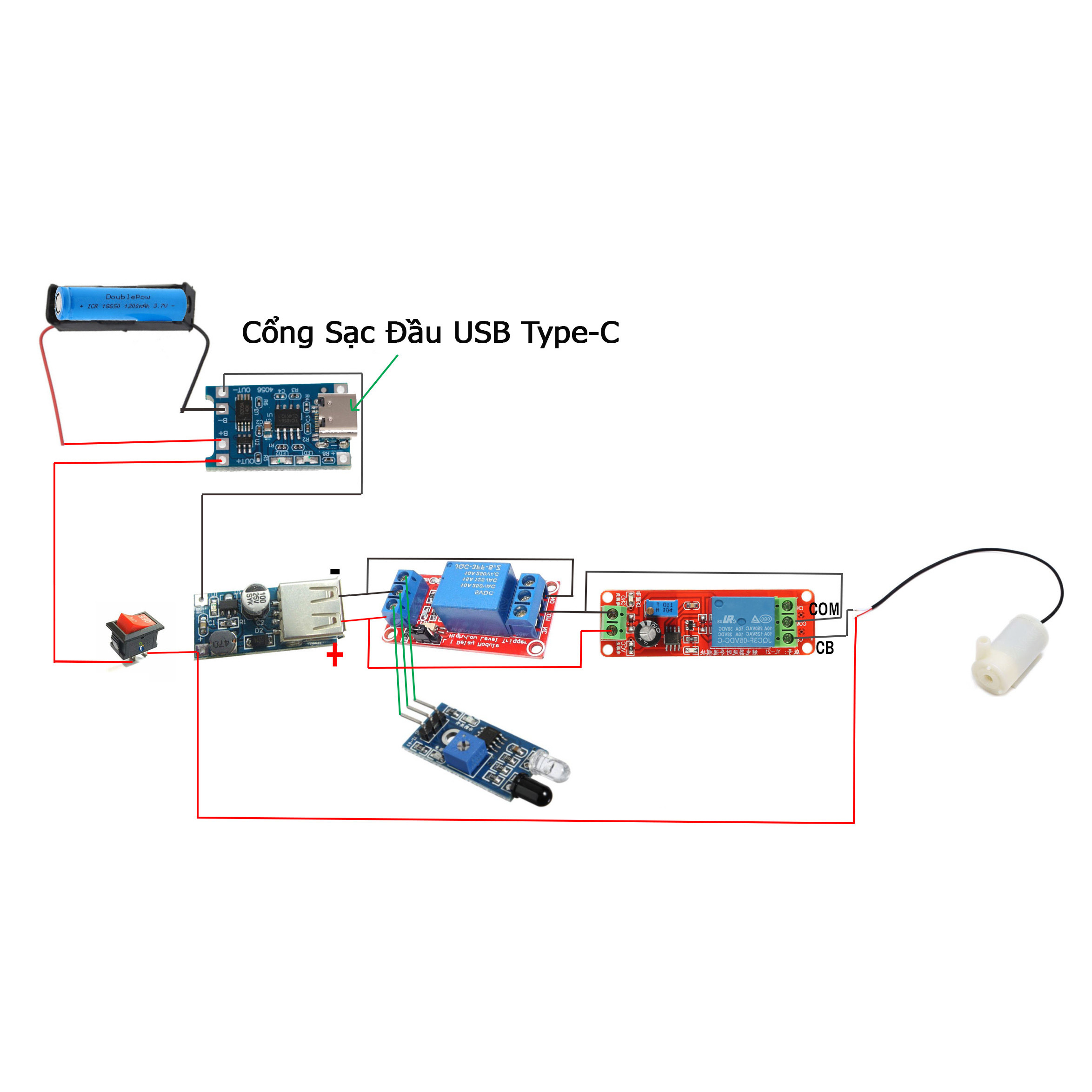 Bộ Linh Kiện Chế Máy Rửa Tay Máy Rót Ruou Dùng Pin Sạc 18650 Có Cổng Sạc Đầu USB Type-C