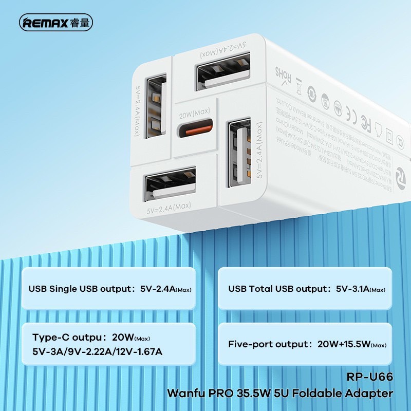 Củ Sạc Nhanh Đa Năng 5in1 Remax RP-U66 - 4 Cổng USB + 1 Cổng TypeC 20W - Tổng Công Suất Lên Đến 35.5W - Hàng Chính Hãng