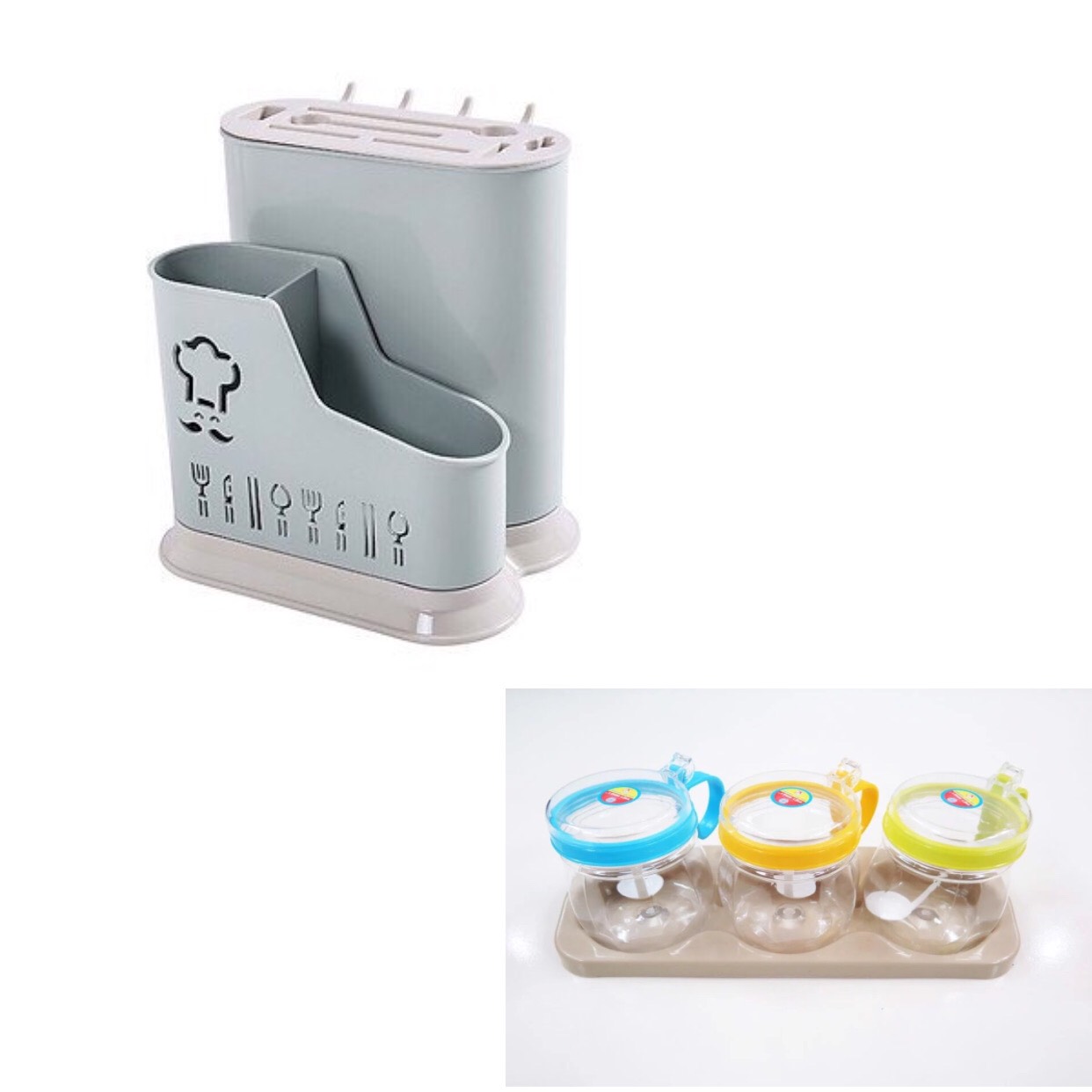 COMBO Ống Đựng Đũa Thìa Có Móc Treo Kèm Khay Cắm Dao Kéo + Lọ Đựng Gia Vị VN - Tặng 1 miếng lót ly hình thú dễ thương