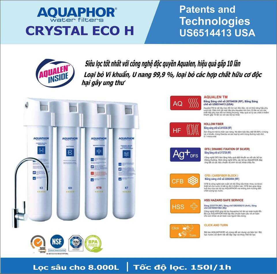 Máy Lọc Nước AQUAPHOR CRYSTAL ECO H Chuẩn Nước Khoáng Uống Trực Tiếp, Công Nghệ NANO Aqualen Độc Quyền, Máy Lọc Nước Không Điện - Nhập Khẩu Châu Âu, Hàng Chính Hãng