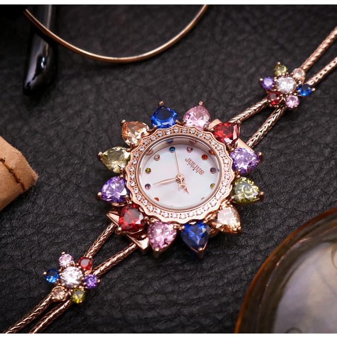 Đồng Hồ Nữ Chính Hãng Julius Star Cao Cấp Dây Kim Loại Mặt Hoa Đính Đá Kính Sapphire Đường Kính 37mm JS-021C (Vàng Hồng)