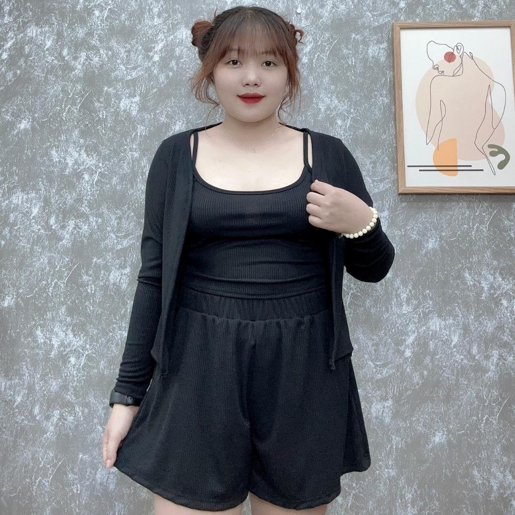 Set 3 món bigsize nữ gồm áo khoác ngoài và áo dây và quần đùi lưng thun chất liệu gân co giã mát mẻ SET12