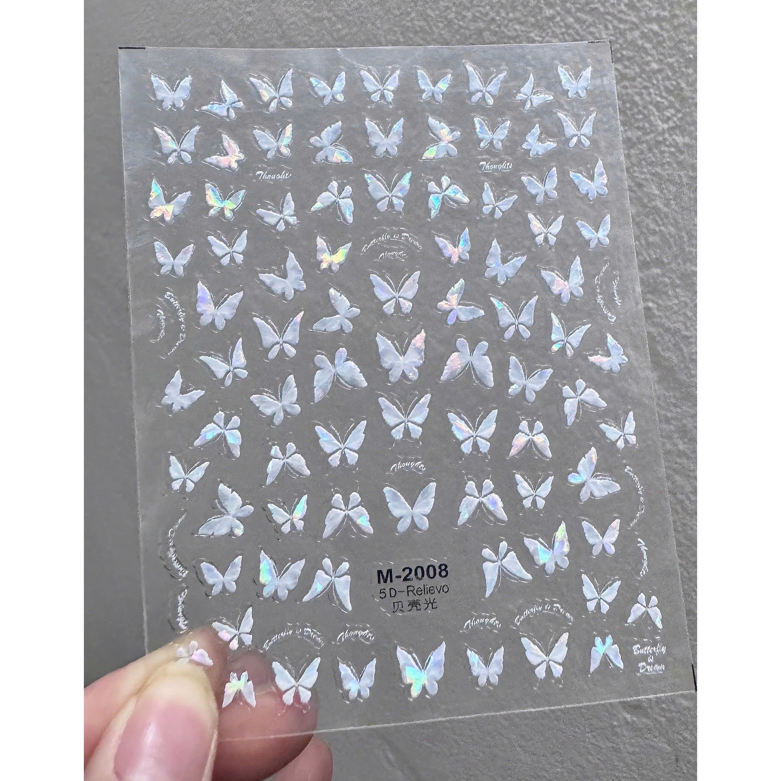 Sticker 5D Hình Bướm Phản Quang M2008 Làm Nail Xinh Lấp Lánh, Hình Dán Móng Bướm Nổi Cầu Vồng Trắng Mix Size