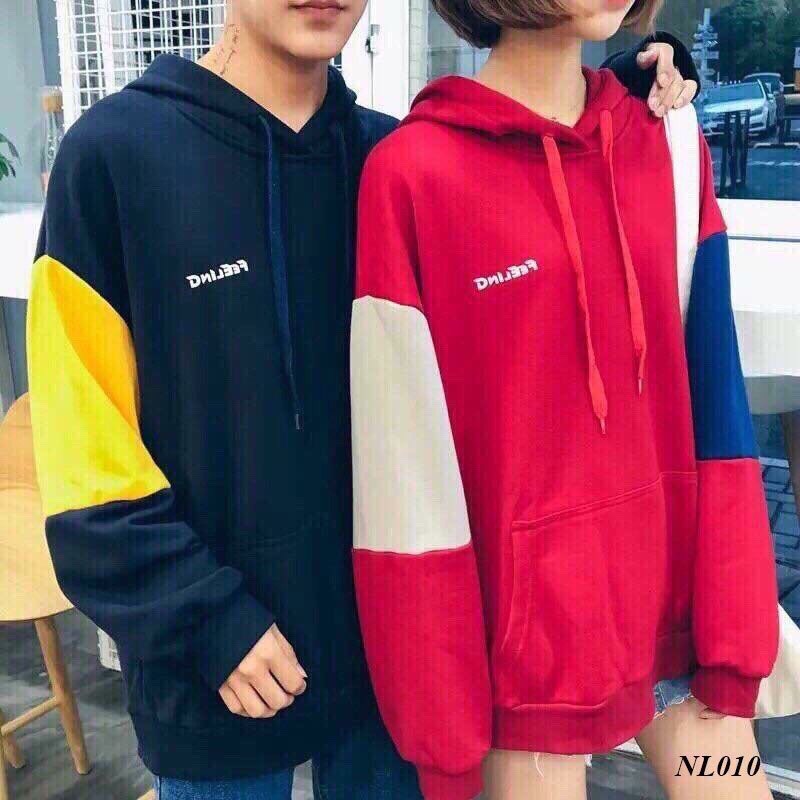 Áo hoodie unisex nam/nữ phối tay chất nỉ bông mỏng in chữ FEELING. Có ảnh thật trải sàn