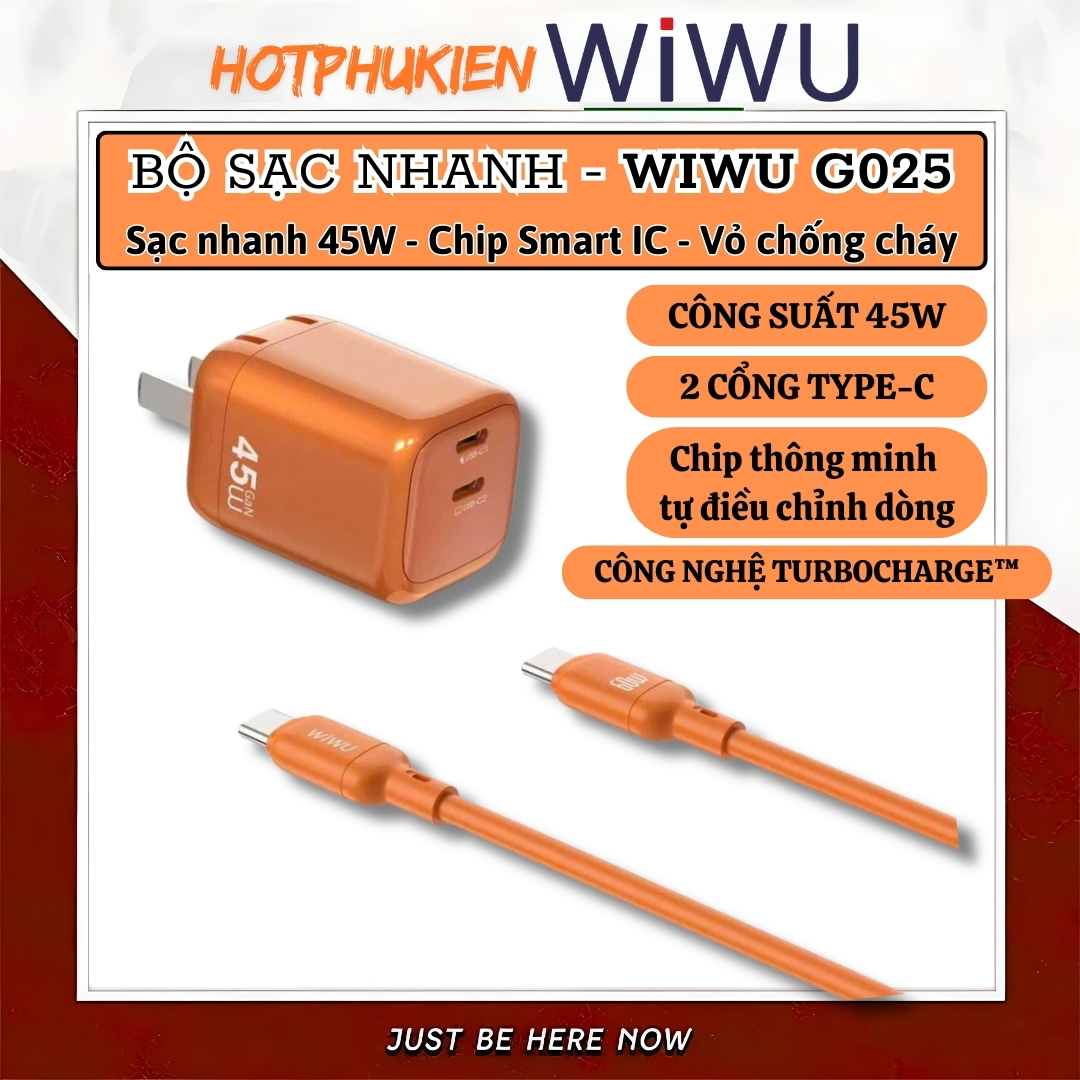 Bộ Adapter Cóc Củ Sạc Nhanh USB-C hiệu WiWU 45W USB-C công nghệ TurboCharge sạc ổn định, không nóng – Combo Củ & Dây sạc Type-C Chip Smart IC An toàn,điều chỉnh dòng điện, Vỏ chống cháy - hàng nhập khẩu
