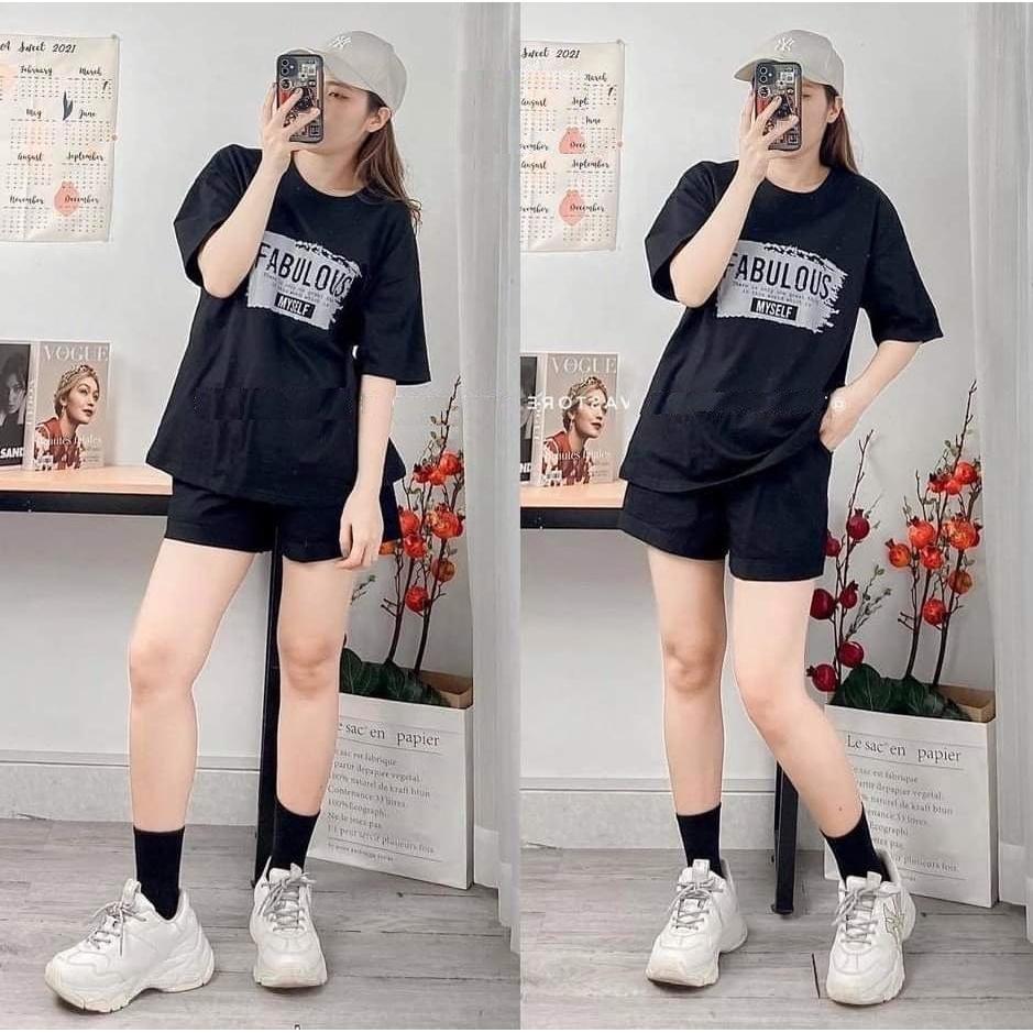 Set thun tay lỡ fabu nữ Nana's House -  Bộ áo phông cộc tay oversize kèm quần đùi suông HOT