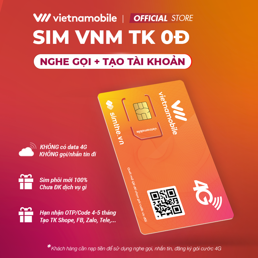 [Mới 100%] Sim VIETNAMOBILE Chuyên Dùng Để Nghe Gọi & Tạo Tài Khoản TMĐT, Laz, Sope, Sen, Face, ZaL0, Momo, Tw, Tele, Game... TK 0đ Giá Rẻ - Cam Kết Chưa Từng Đăng Ký Dịch Vụ Gì. Hàng Chính Hãng